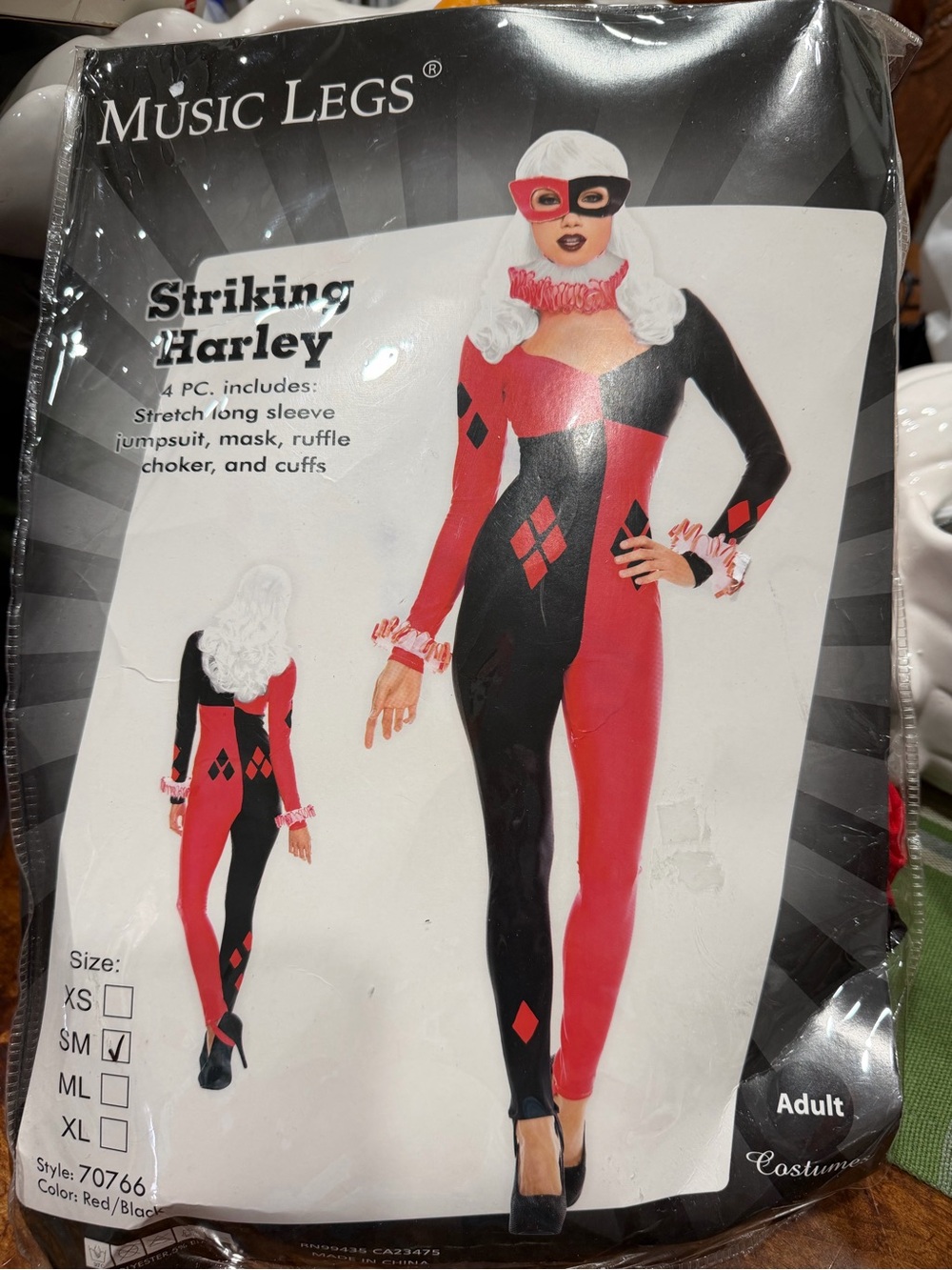Adult costume Music Legs Red and Black Harlequin Jumpsuit with Mask